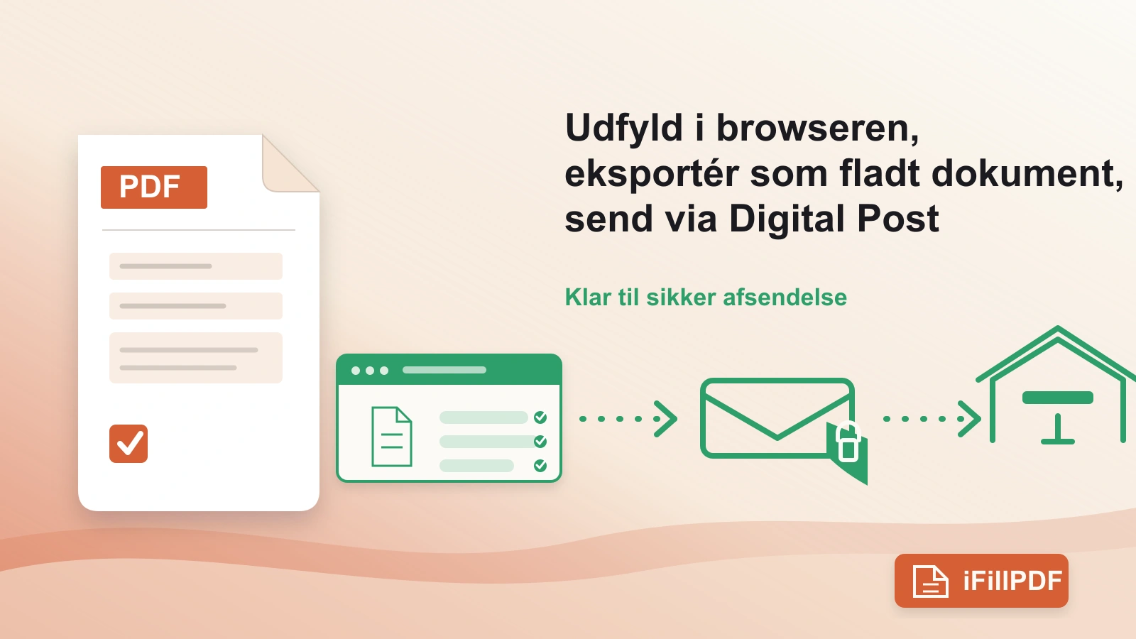 Ren illustration af en udfyldt dansk blanket, der sendes videre fra en browser til et sikkert postsystem