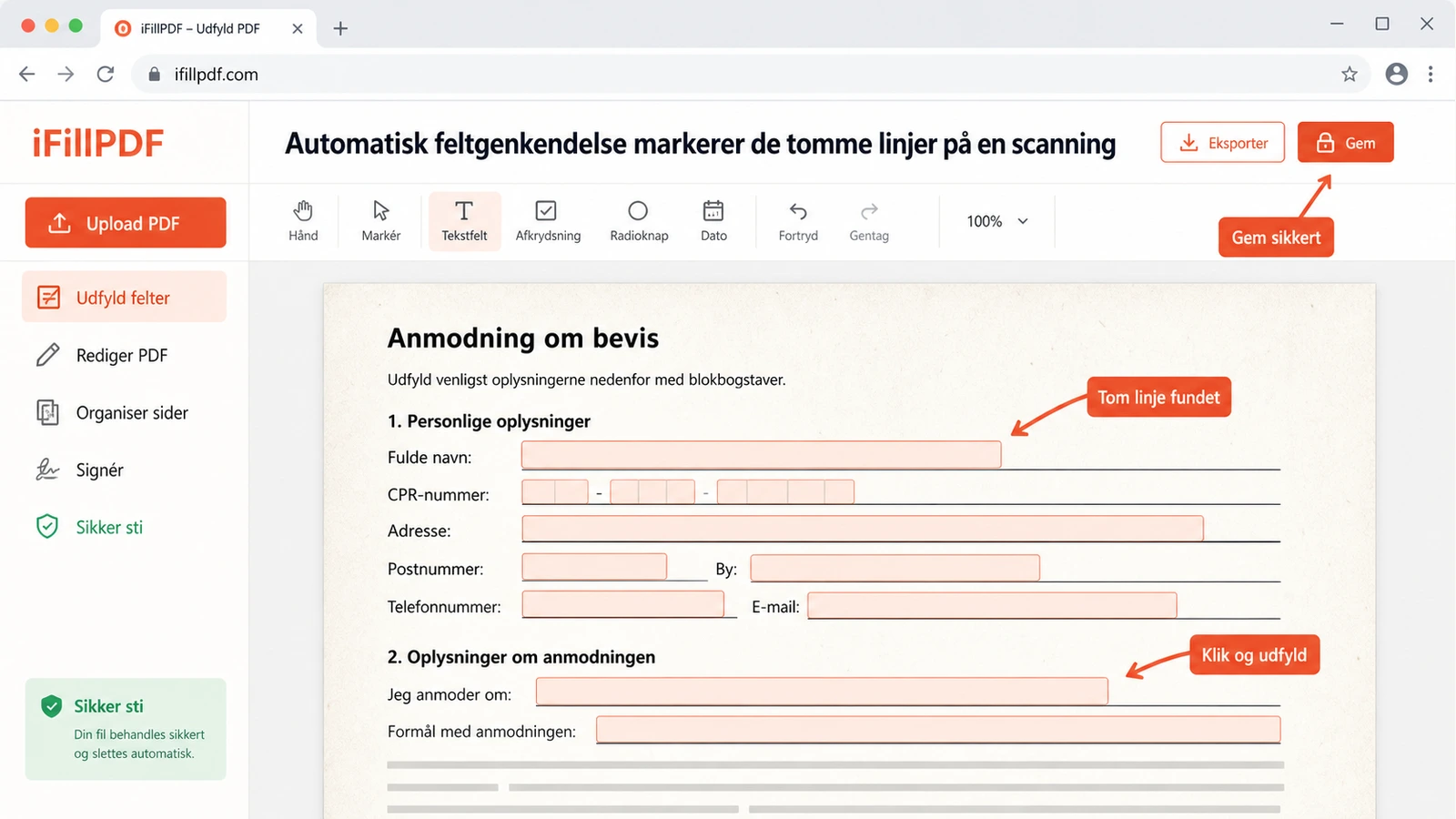 Skærmbillede af et browserbaseret PDF-værktøj, hvor en scannet dansk blanket vises med automatisk foreslåede tekstfelter markeret
