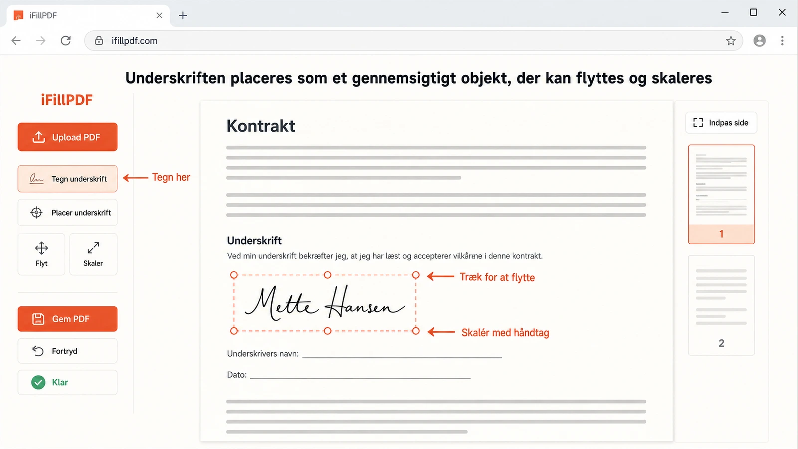Skærmbillede af et PDF-værktøj, hvor en tegnet underskrift placeres på en kontrakts underskriftslinje med håndtag til at ændre størrelsen