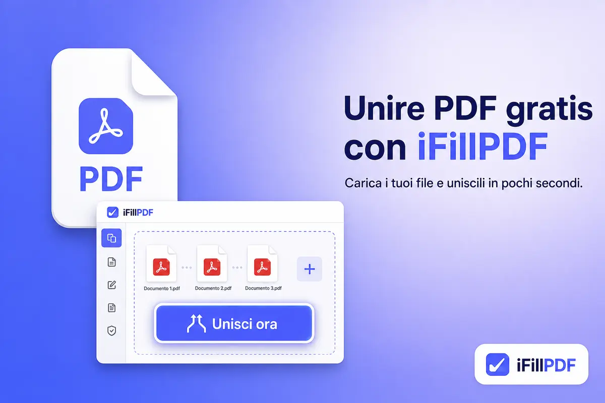 Schermata di iFillPDF con pulsante 'Unisci ora' evidenziato in primo piano