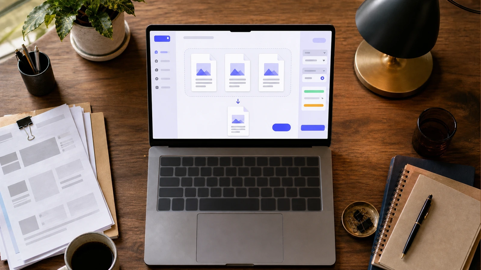 Interfaccia di unione PDF con anteprima drag-and-drop di tre documenti