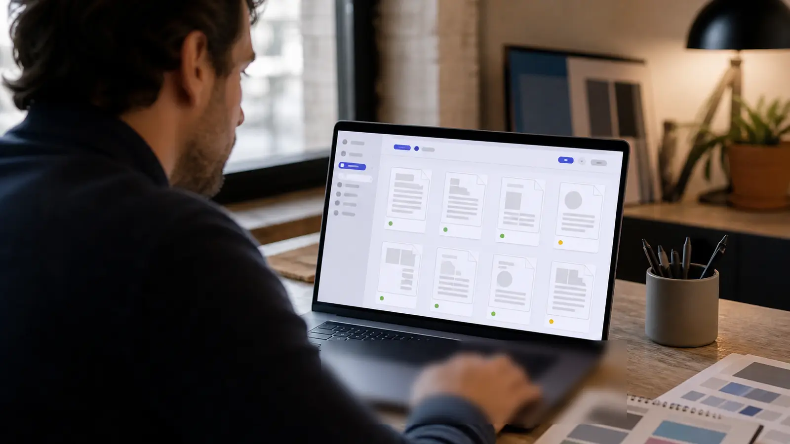 Designer reviewing batch watermarked PDF documents on monitor