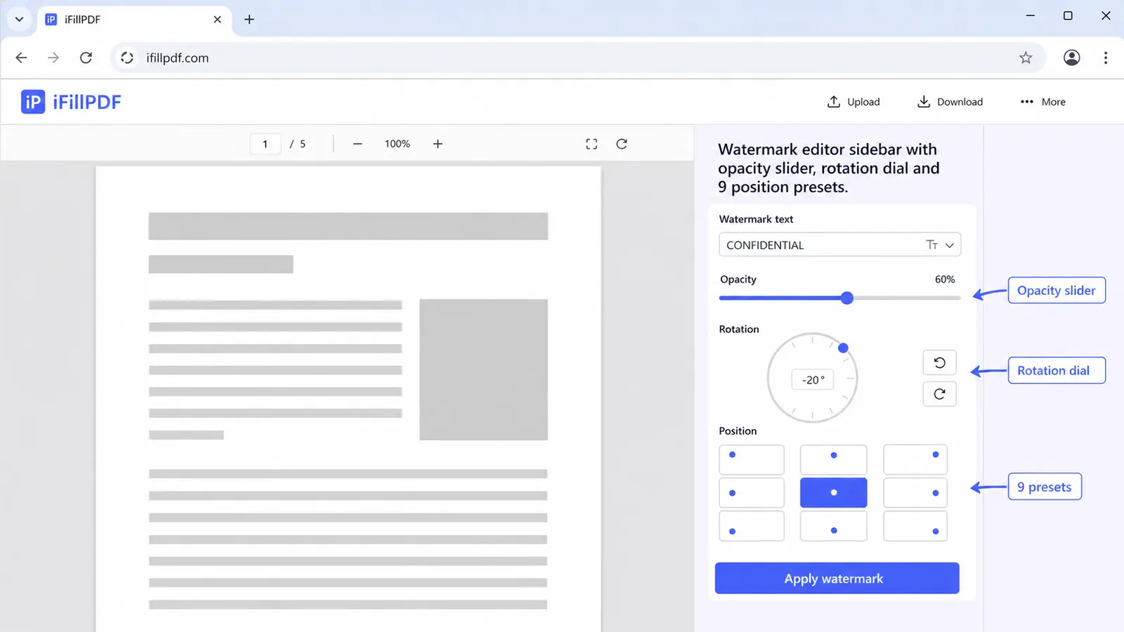 iFillPDF watermark editor with opacity rotation and position controls