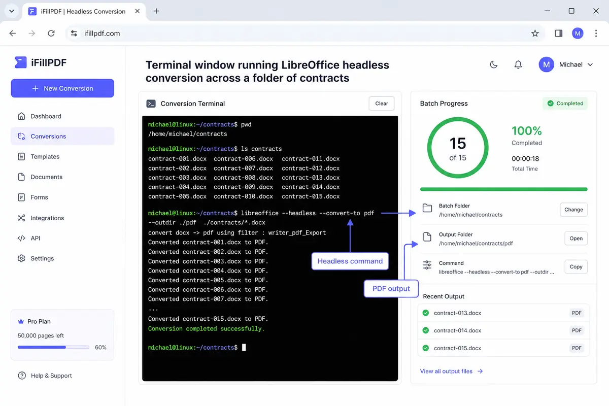 LibreOffice command line converting batch DOCX files to PDF on Linux