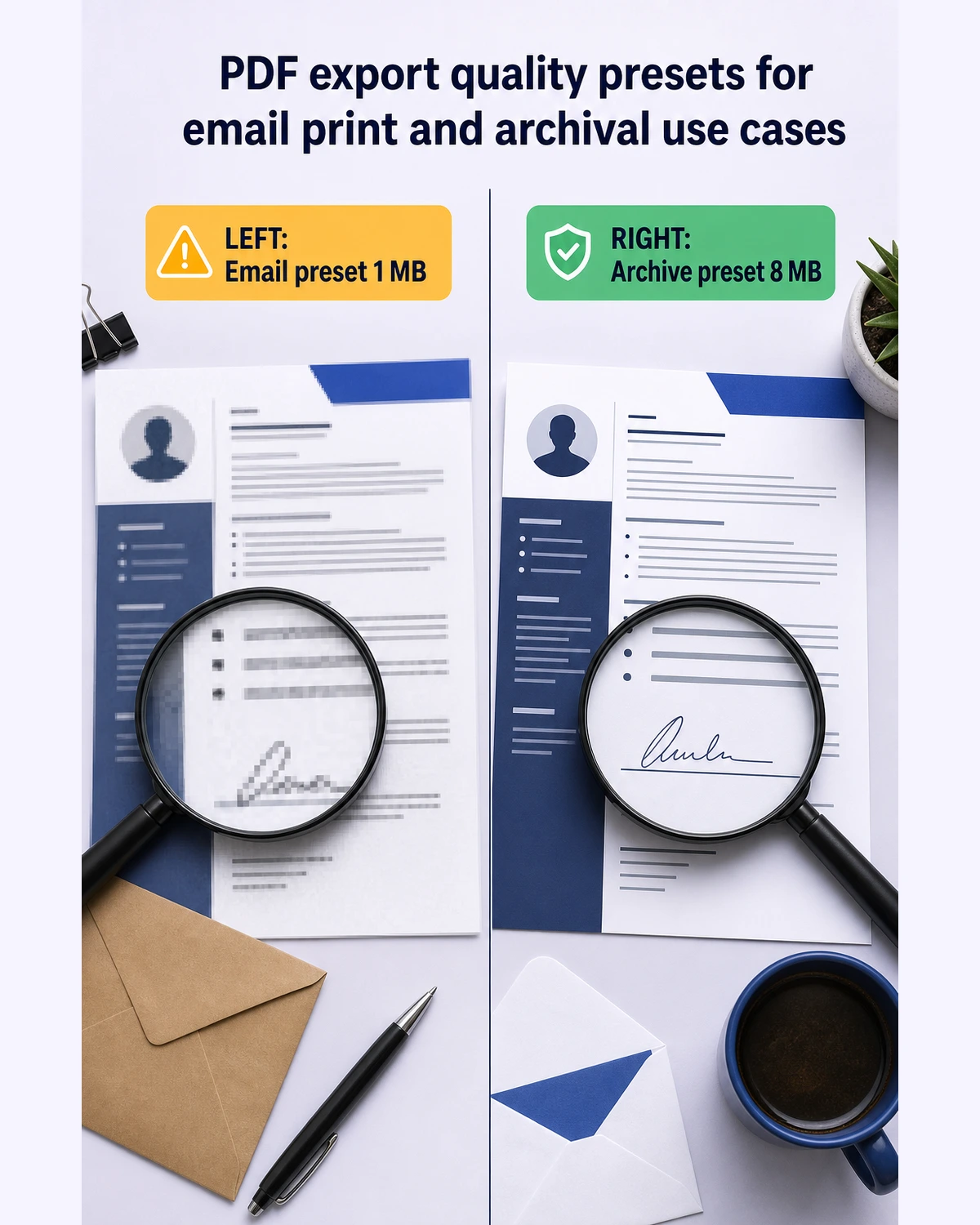 PDF quality settings infographic for resume contract and email attachments