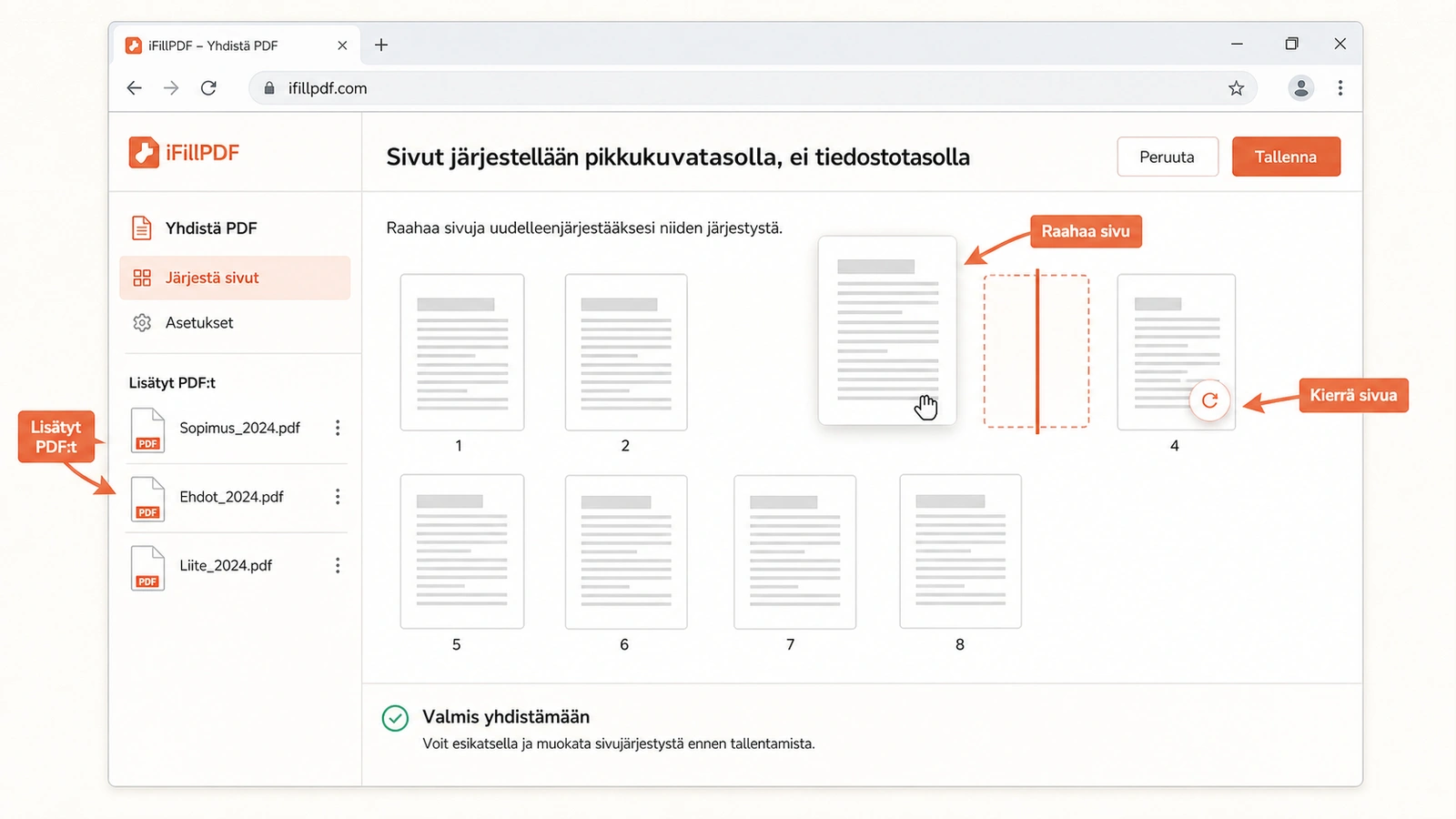 Yhdistämistyökalun näkymä selaimessa: vasemmalla lista kolmesta lisätystä PDF-tiedostosta, keskellä pikkukuvaruudukko sivuista, joista yhtä raahataan uuteen kohtaan, ja yhden sivun päällä kiertopainike