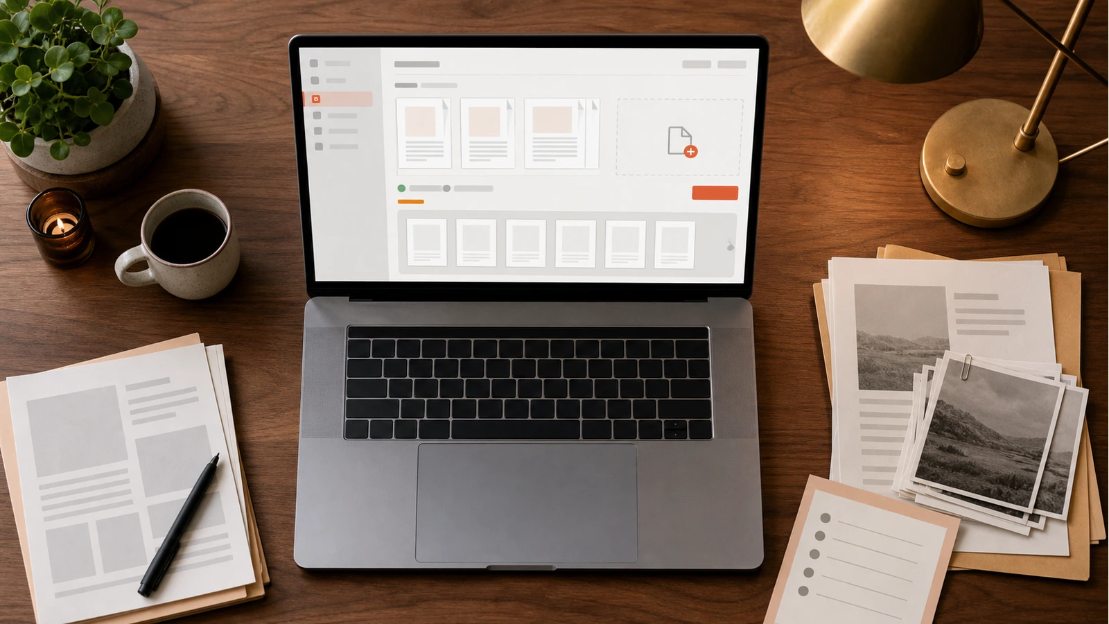 Työpöydällä kannettava tietokone, jonka näytöllä on pikkukuvaruudukko yhdistettävistä PDF-sivuista, ja vieressä pino skannattuja paperiliitteitä sekä muistilappu numeroidusta liitelistasta
